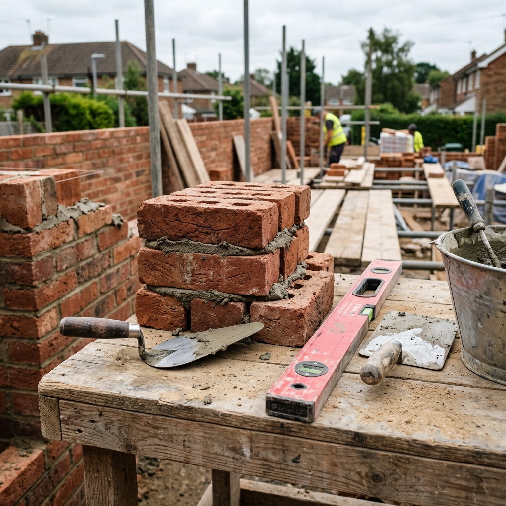 Brickwork under construction with builder tools in Harrow