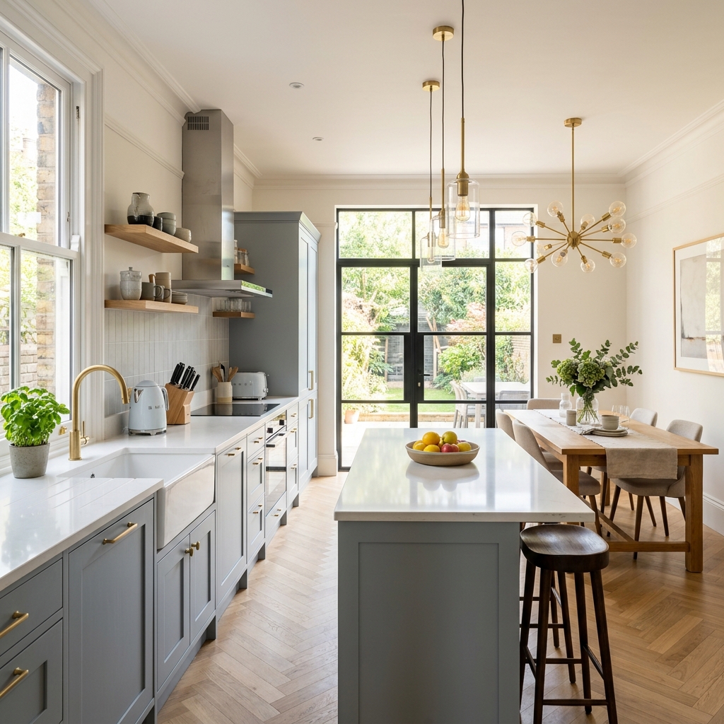 Refurbished modern kitchen and dining space with built-in cupboards