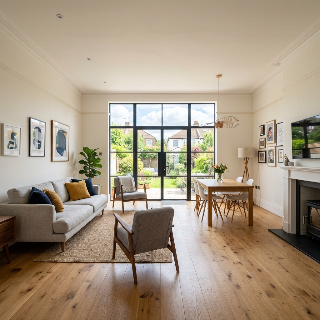 Beautifully renovated domestic living space with modern windows and wood flooring
